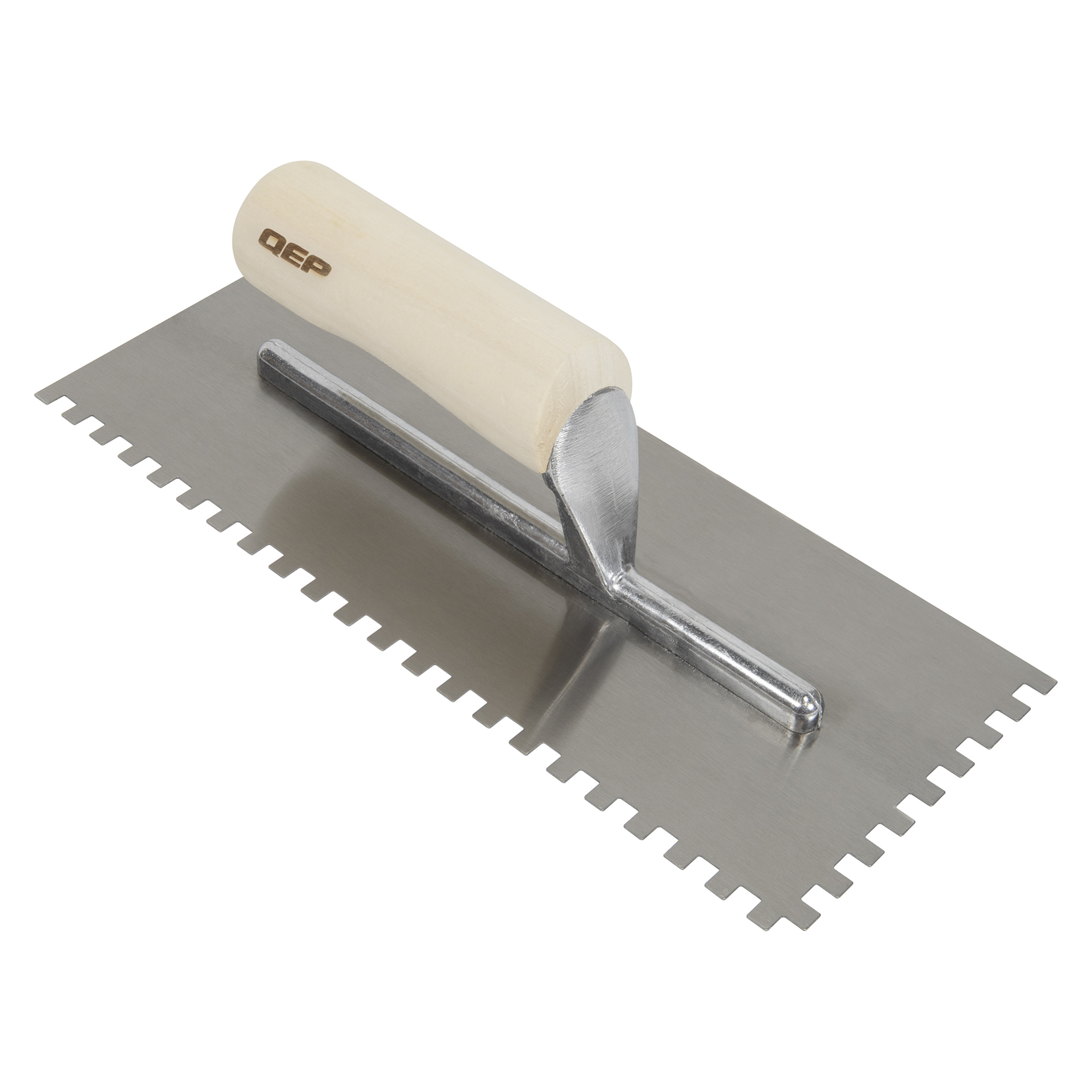 Truelle dentelée en carrée 4-1/2" x 11" en acier au carbone 1/4" x 1/4" x 1/4" avec manche en bois