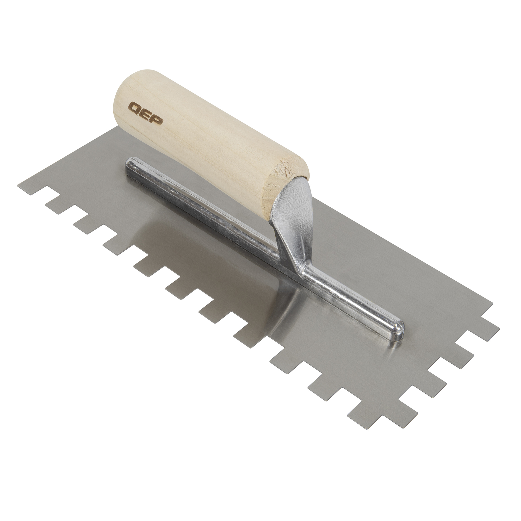 Truelle dentelée en carrée 4-1/2" x 11" en acier au carbone 1/2" x 1/2" x 1/2" avec manche en bois