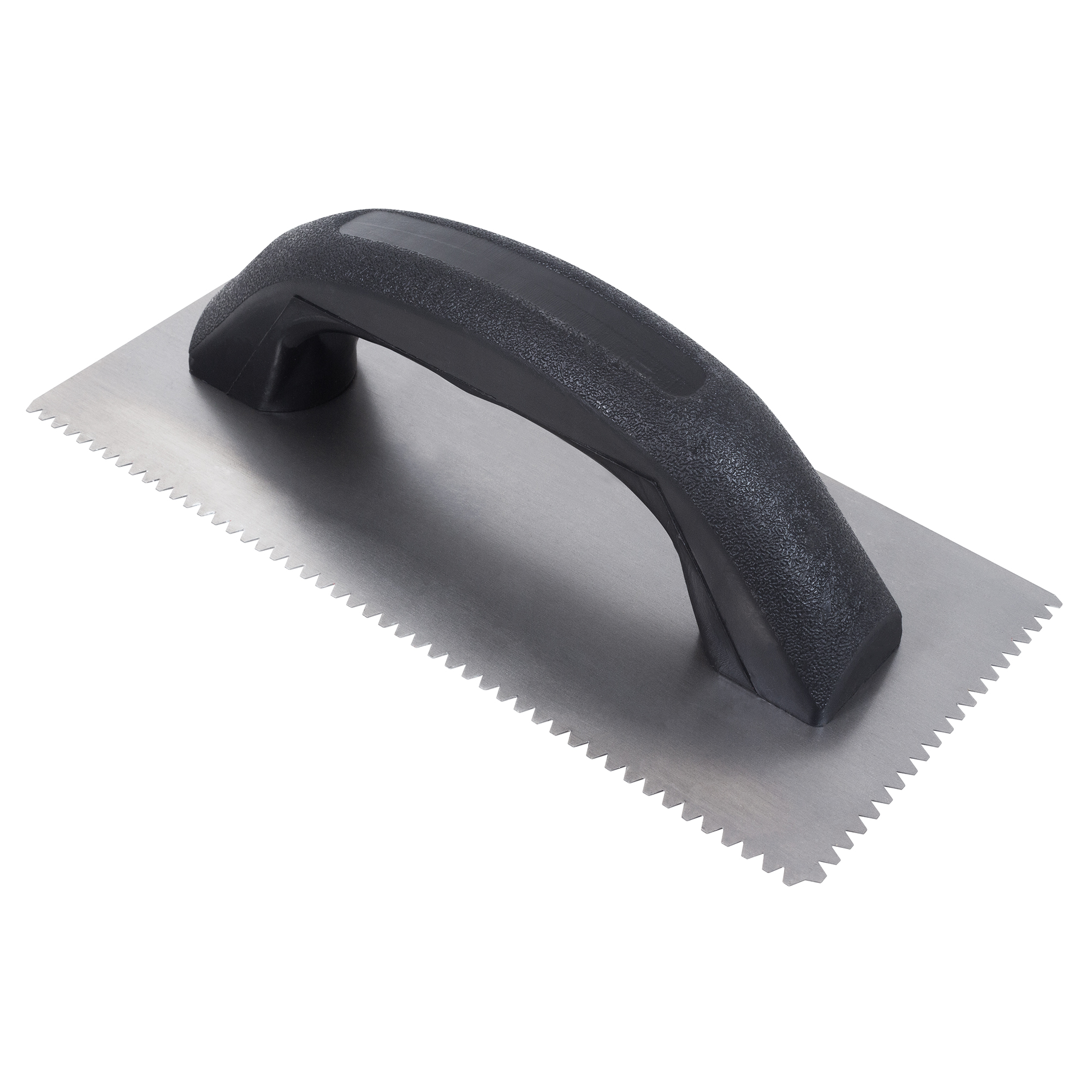 Truelle dentée en V plate écomique 4" x 9" en acier 1/8" x 1/8" x 1/16" avec manche en plastique