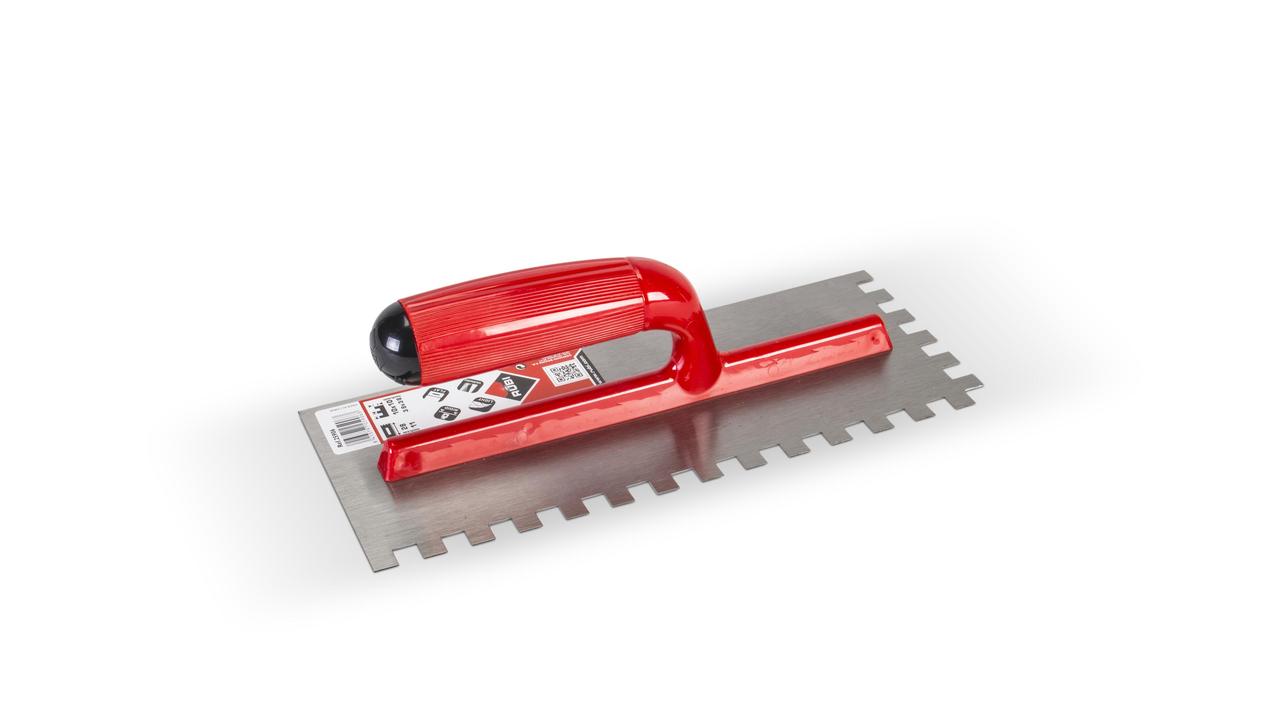 Square Notched Trowel 4" x 11" Steel with Open Bicolor Plastic Handle 3/8" x 3/8"