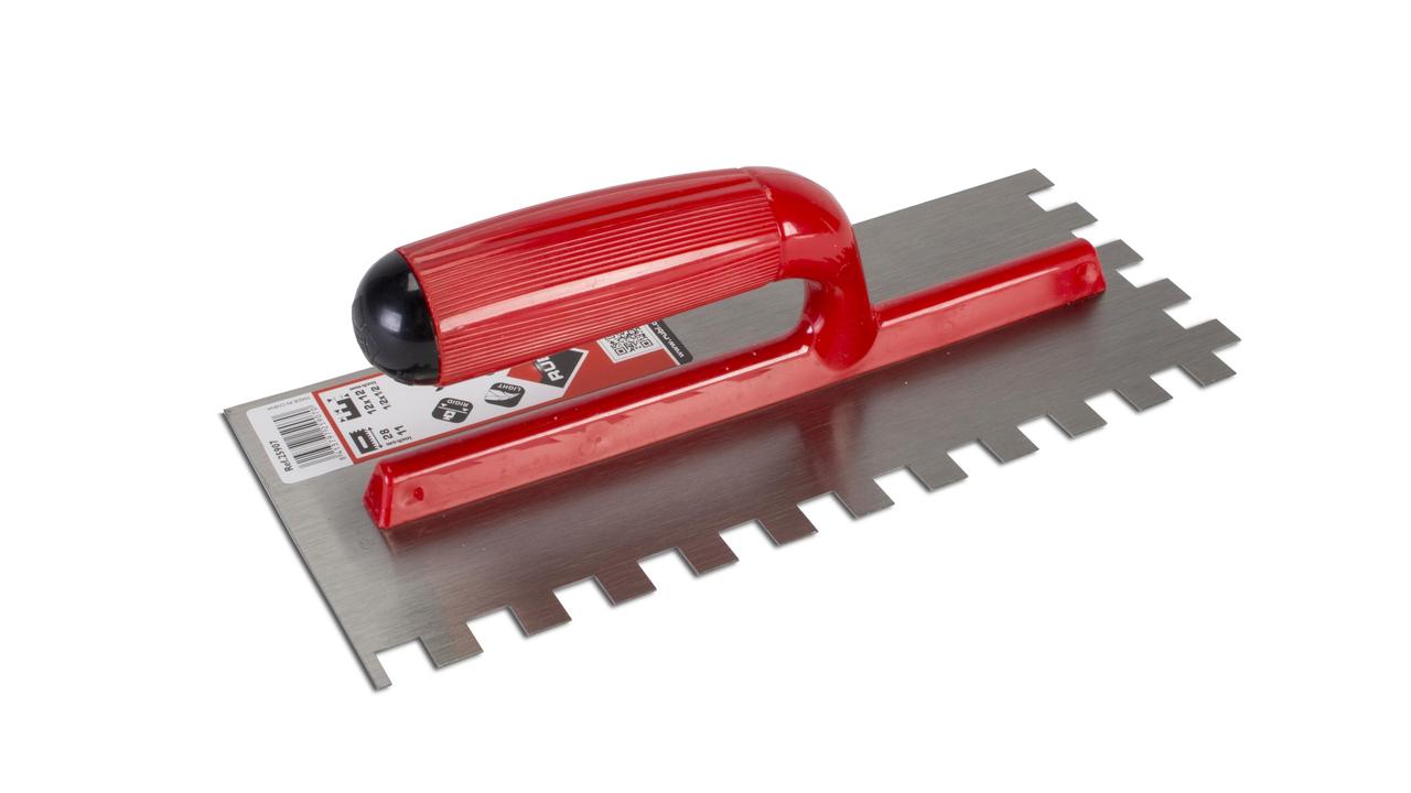 Square Notched Trowel 4" x 11" Steel with Open Bicolor Plastic Handle 1/2" x 1/2"