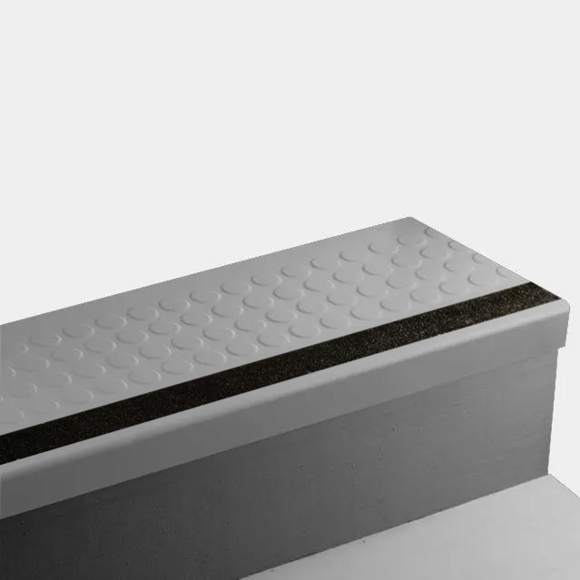 Angle Fit Rubber Stair Tread - VIRNRD TG2 SQ Raised Round #TG2 Shark Fin - with Black Grip Tape Insert 48"