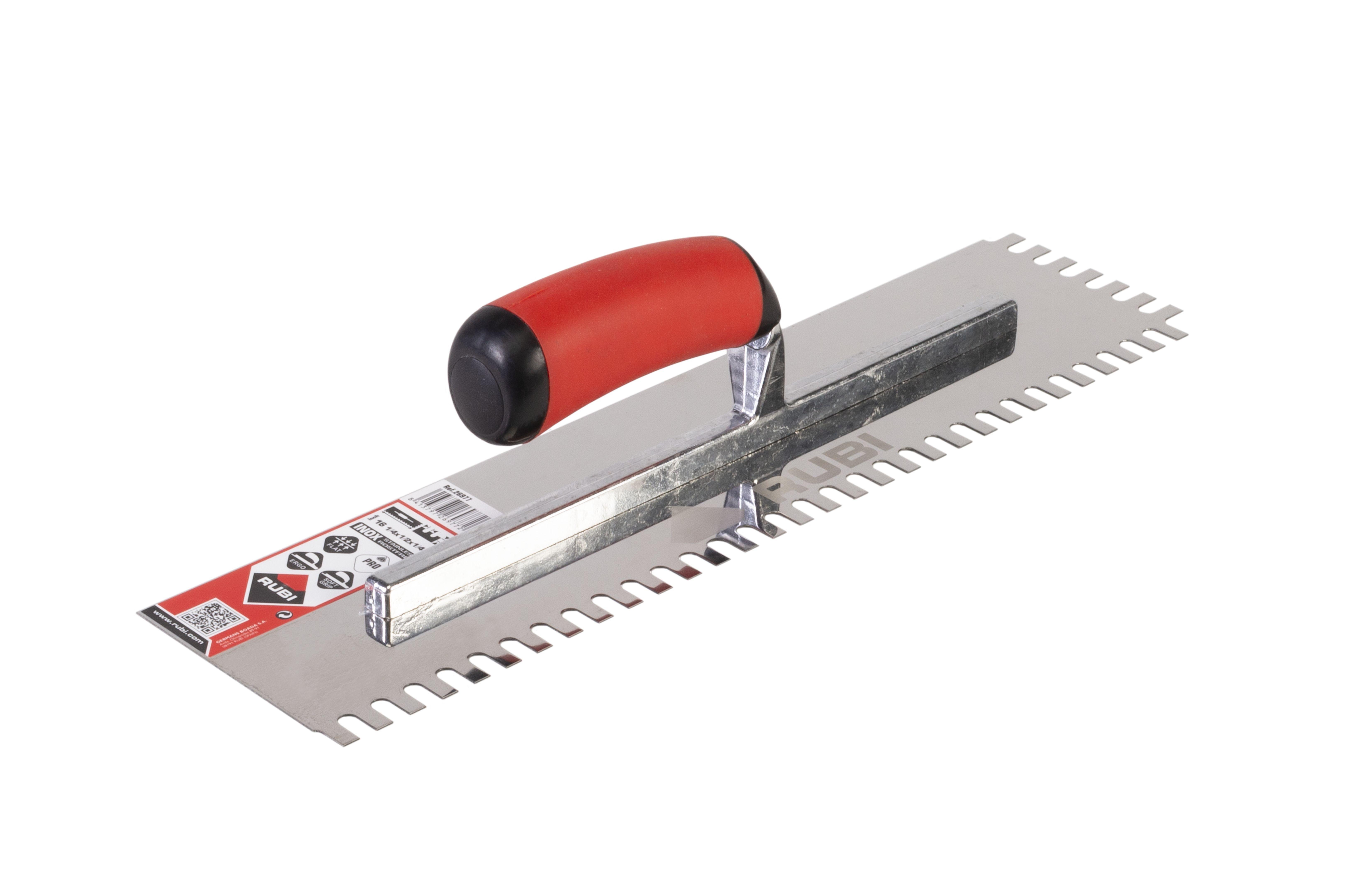 Square Notched Trowel Inox Eco 16" Stainless Steel with Ergonomic Rubiflex Handle 1/4" x 1/2" x 1/4"