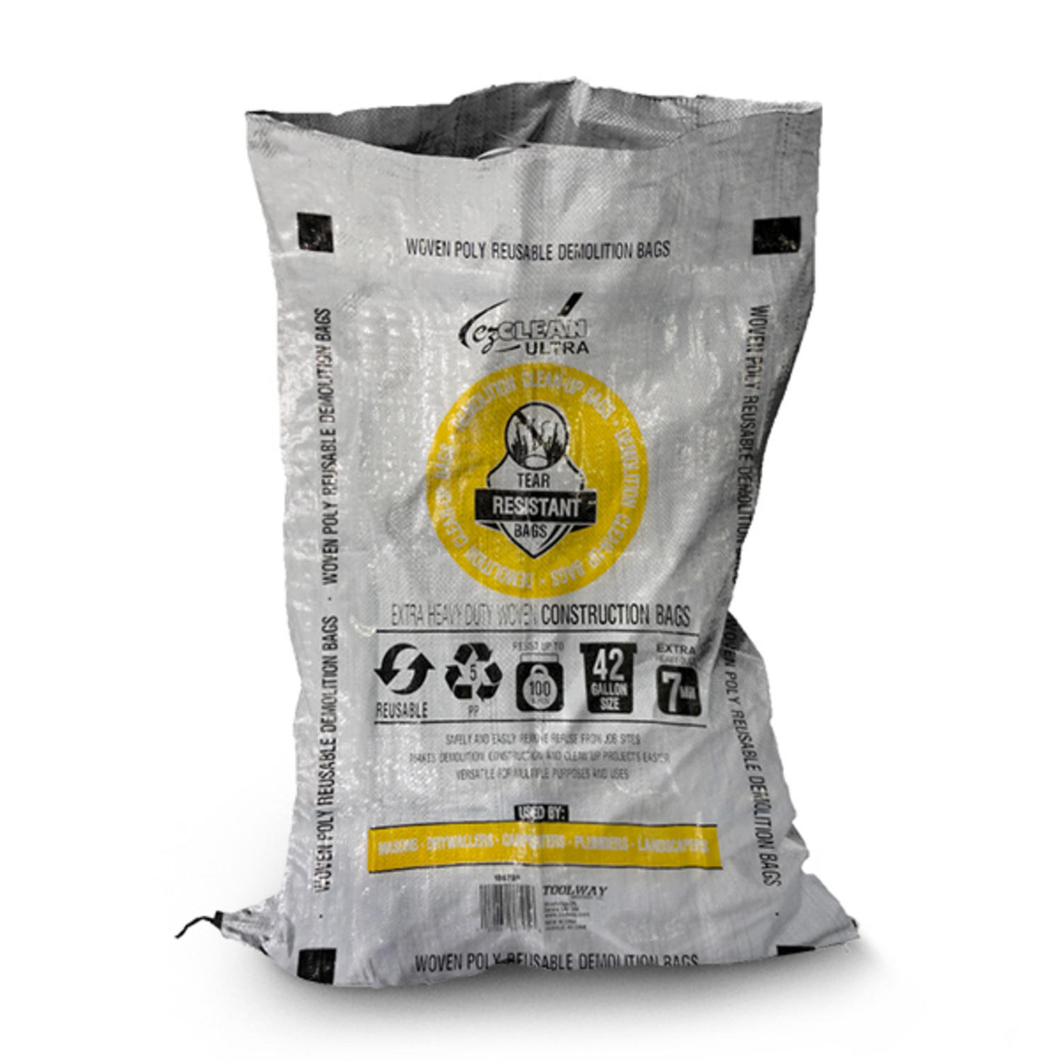 Construction Trash Bag Tooltech Heavy-Duty Woven White 29-1/4" x 48-1/2" (Pack of 20)