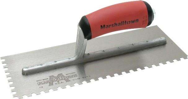 Left-Handed U-Notch Trowel Standard 4-1/2" x 11" Tempered Steel 1/4" x 1/2" x 1/4" with DuraSoft Handle
