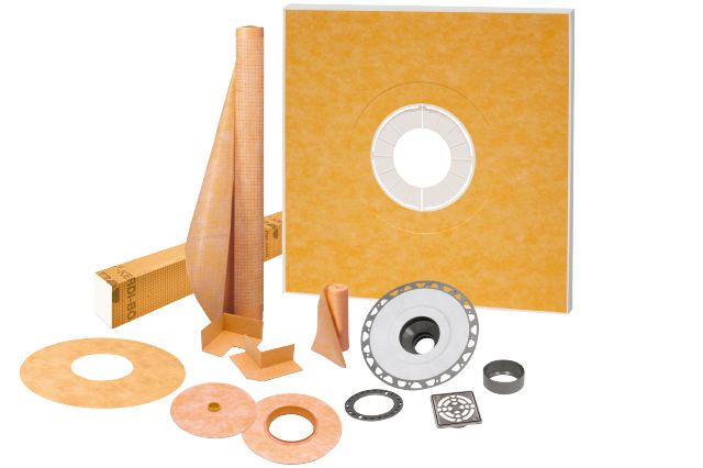 KERDI-SHOWER-KIT Ensemble de douche avec position de sortie centrée avec PVC bride 2" et acier inoxydable gille 48" x 48"