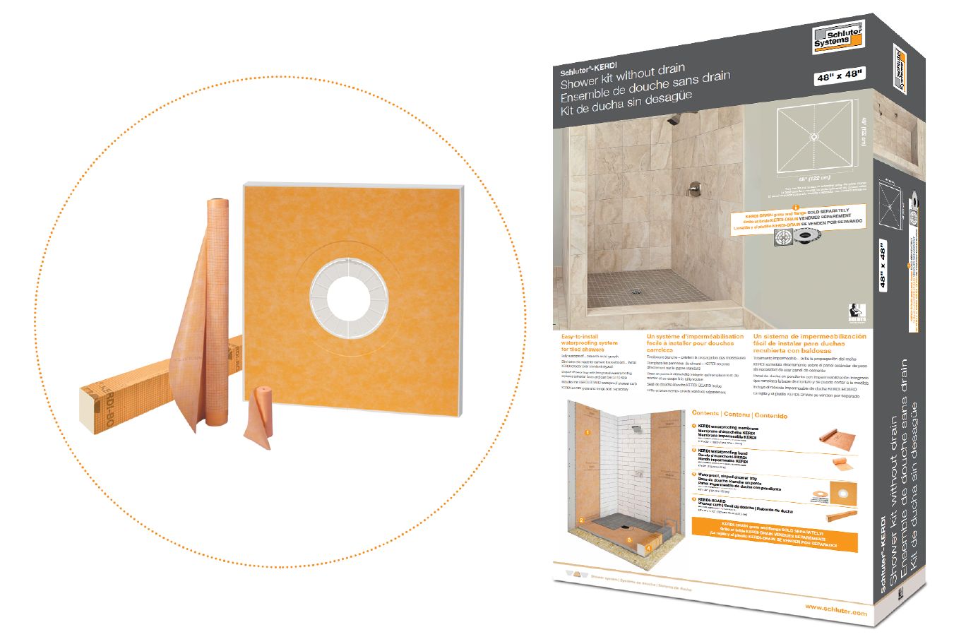 KERDI-SHOWER-KIT Ensemble de douche avec position de sortie centrée sans bride et gille 72" x 72"