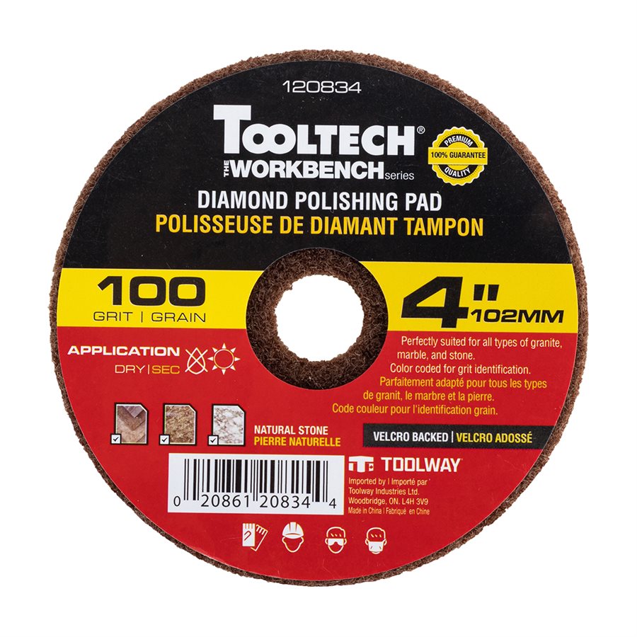 Roue de polissage à sec Tooltech Workbench diamantée grain 100 avec endos en velcro 4"