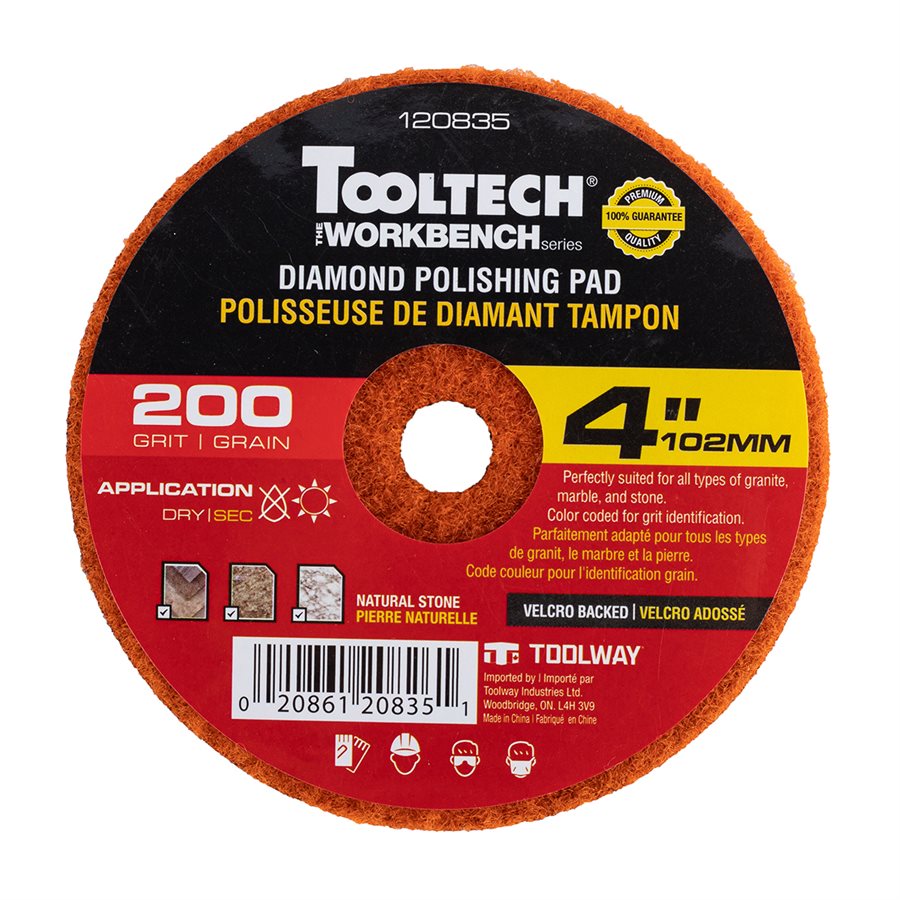 Dry Polishing Wheel Tooltech Workbench Diamond 200 Grit with Velcro Backed 4"