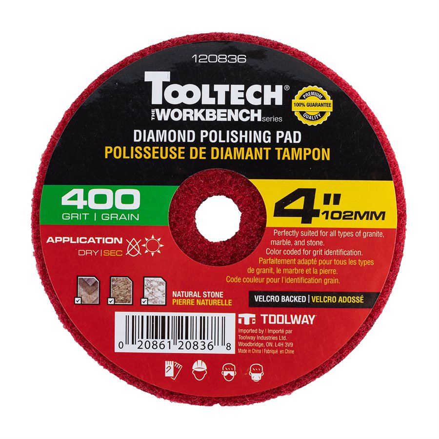 Dry Polishing Wheel Tooltech Workbench Diamond 400 Grit with Velcro Backed 4"