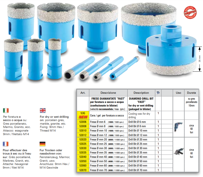 Diamond Drill Bit "Fast" Fixing : Thread M14 - Diameter 40 mm