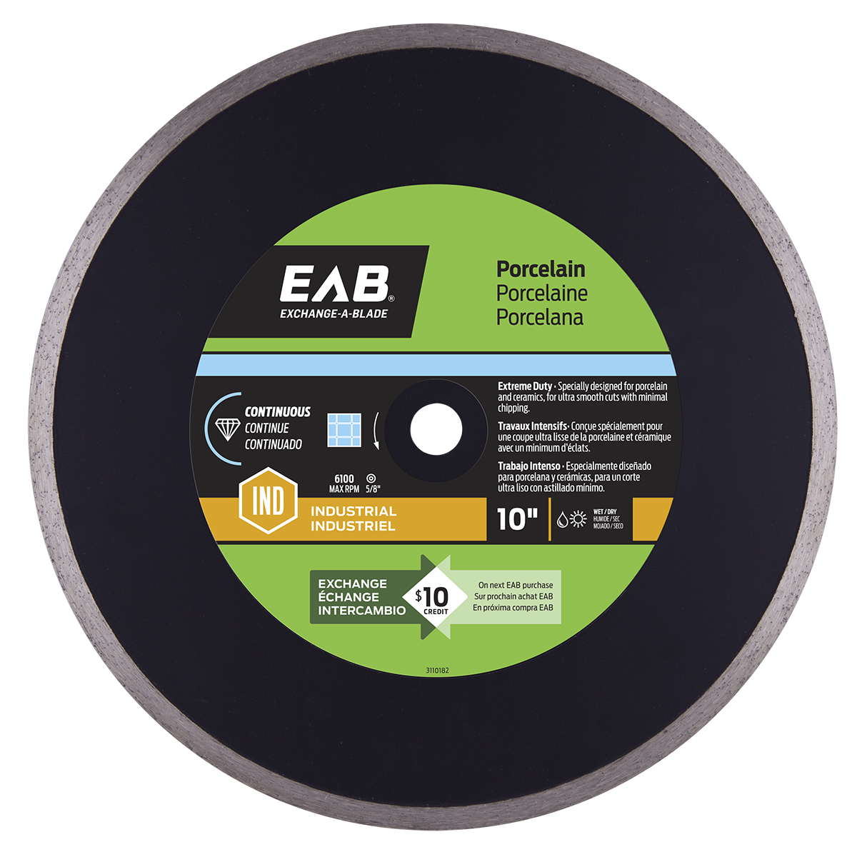 Industrial Diamond Blade Continuous Rim Porcelain Tile Black 10"